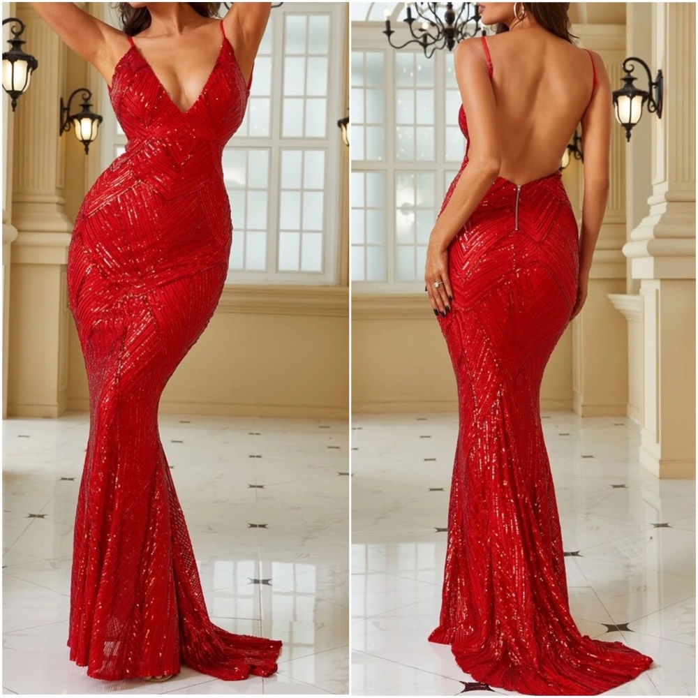 Luxe Sequin backless mermaid hem party formal prom sequins gown dress - Picture 6 of 11